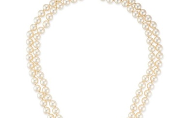 A TWO ROW PEARL NECKLACE WITH A VAN CLEEF & ARPELS DIAMOND CLASP in platinum and 18ct gold, compr...