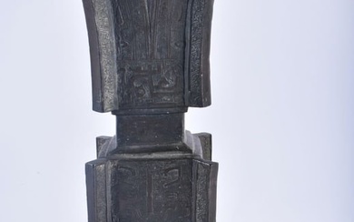 A VERY LARGE 16TH/17TH CENTURY CHINESE BRONZE GU FORM BEAKER VASE King, modelled in the archaic mann