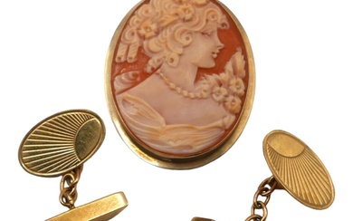 A VINTAGE 9CT GOLD MOUNTED SHELL CAMEO BROOCH/PENDANT, TOGETHER...