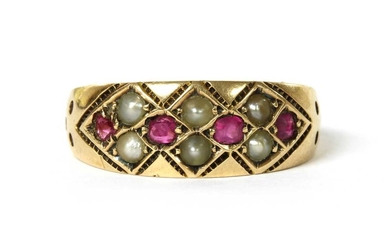 A Victorian 15ct gold ruby and split pearl ring