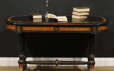 A Victorian amboyna banded ebonised library table, slightly ...