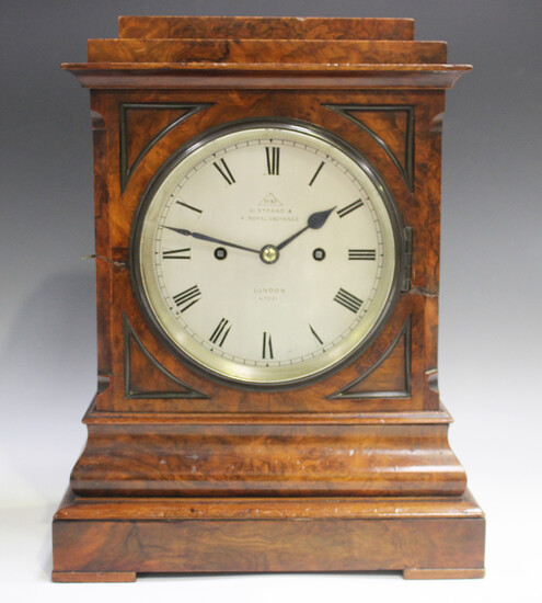 A Victorian burr walnut bracket clock with eight day twin fusee movement striking hours and half hou
