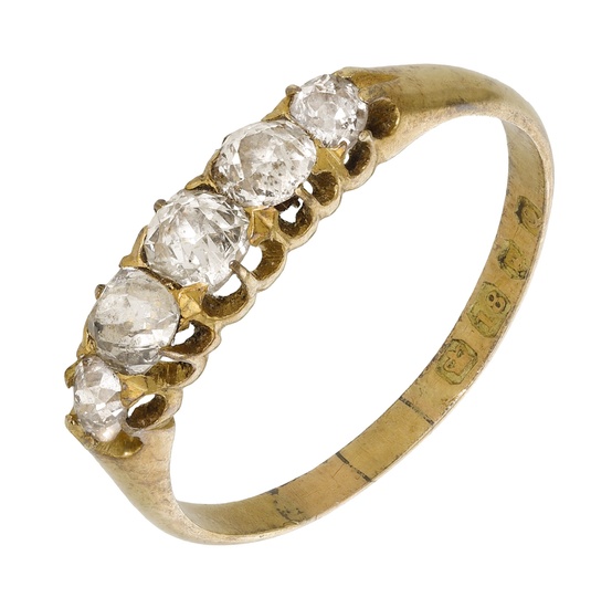 A Victorian five stone diamond ring, 1891, set with graduated old brilliant-cut...