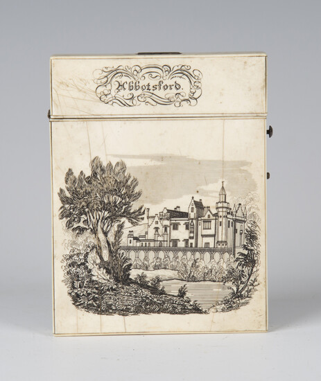 A Victorian ivory visiting card case, one side finely engraved with a titled view of 'Abbotsfor