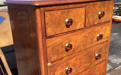 A Victorian mahogany chest of drawers with rounded moulded top...