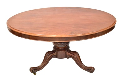 A Victorian mahogany oval tilt-top loo table on bulbous carved...
