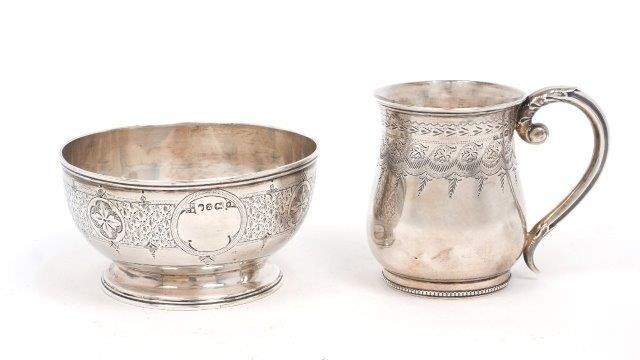 A Victorian silver bowl, Sheffield, 1867, Roberts & Belk, raised on a circular foot, the sides chased with quatrefoil motifs and monogrammed cartouche, 6.2cm high, 11.5cm dia., together with a Victorian silver christening cup, Birmingham, 1895, E S...