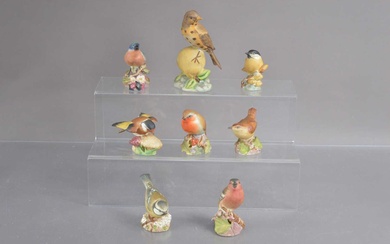 A charming group of seven Royal Worcester 'Garden Bird' bisque porcelain models