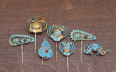 A collection of Chinese gilt-metal and kingfisher feather hairpins
