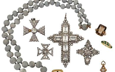 A collection of jewellery comprising: three early 19th century colourless paste set pendent crosses; a colourless paste set Maltese cross brooch; a lava stone bead necklace, composed of a graduated line of facetted lava stone beads, length 56cm;...