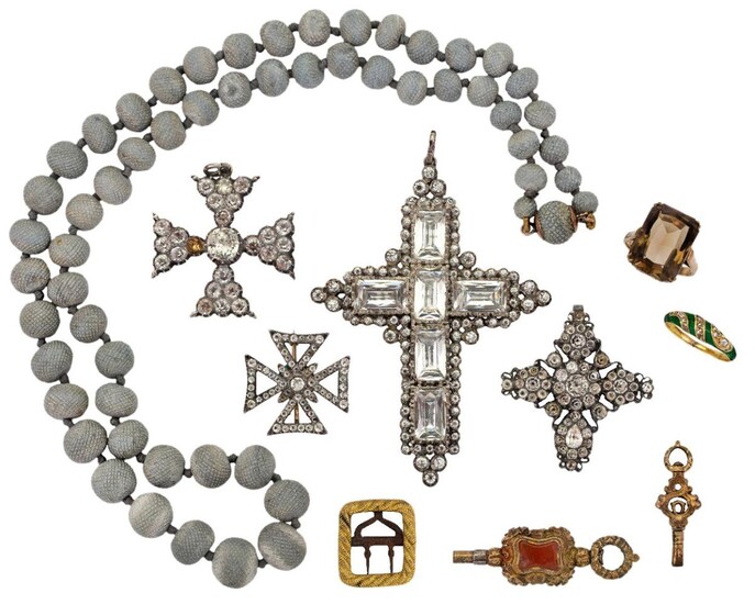 A collection of jewellery comprising: three early 19th century colourless paste set pendent crosses; a colourless paste set Maltese cross brooch; a lava stone bead necklace, composed of a graduated line of facetted lava stone beads, length 56cm;...