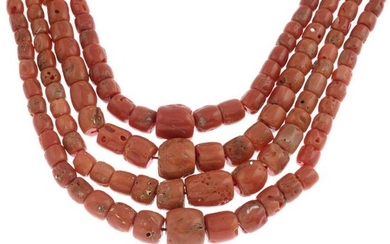 A coral four-row bead necklace.Clasp stamped 750.Length