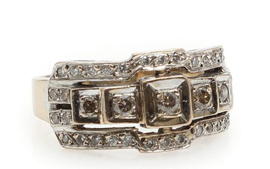 A diamond ring set with numerous cognac-coloured and white brilliant-cut diamonds, mounted...