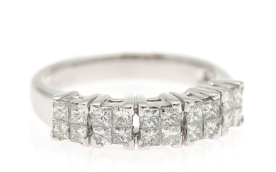 A diamond ring set with numerous princess-cut diamonds weighing a total of app. 2.00 ct., mounted in 18k white gold. Size 53.
