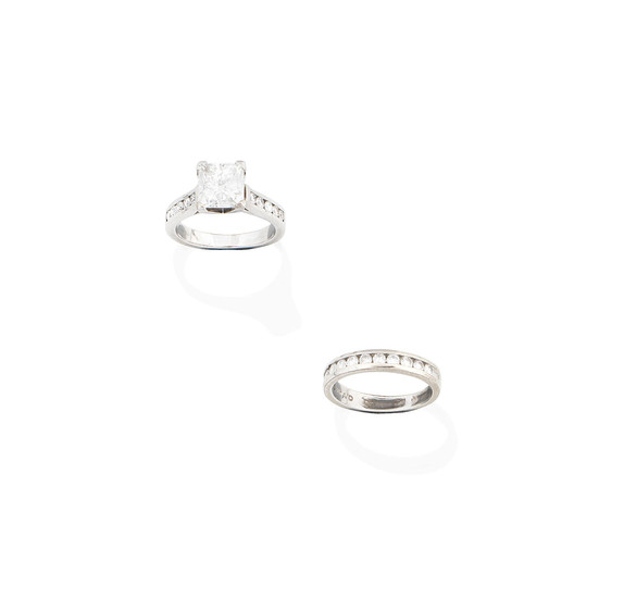A diamond single-stone ring, and a diamond half-hoop eternity ring