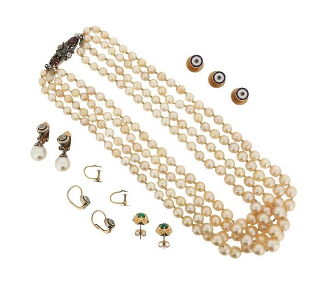 A four-row cultured pearl necklace, with a gem-set...