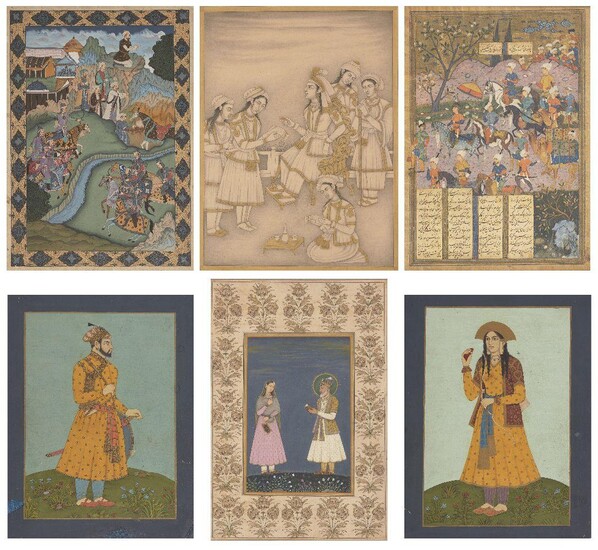A group of five Indian paintings, 20th century and a print of a Safavid miniature, opaque pigments on paper, comprising Shah Jahan and Mumtaz Mahal within a floral border; a standing portrait of Shah Jahan; a standing portrait of Mumtaz Mahal; a...