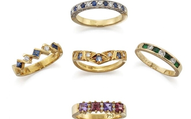 A group of five diamond and gem half-hoop rings, comprising: a circular sapphire and brilliant-cut diamond line with brilliant-cut diamond sides, ring size O; a square-cut sapphire and brilliant-cut diamond five stone ring, size M; a circular...