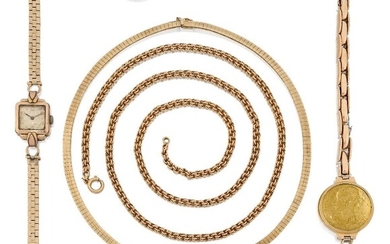 A group of jewellery, comprising: a 9ct gold textured flexible bracelet, approx. length 18cm; a 9ct gold flexible fancy link necklace, approx. length 40cm; a Portuguese gold fancy-link neckchain, approx. length 72cm; a lady's rolled gold wristwatch...