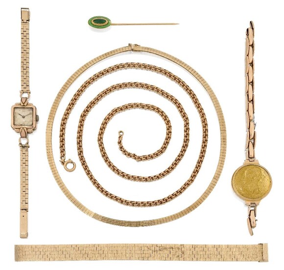 A group of jewellery, comprising: a 9ct gold textured flexible bracelet, approx. length 18cm; a 9ct gold flexible fancy link necklace, approx. length 40cm; a Portuguese gold fancy-link neckchain, approx. length 72cm; a lady's rolled gold wristwatch...