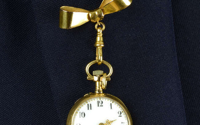 A ladies early 20th century gold fob watch, by Le Coultre and Cie, with ruby and diamond point floral motif, suspended from a near period 9ct gold bow brooch.