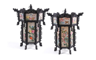 A large pair of Chinese wood and painted silk hanging lanterns