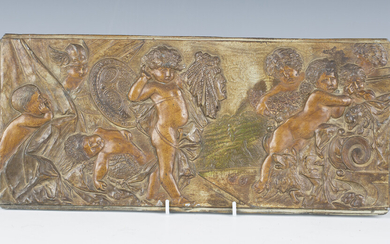 A late 19th century patinated cast metal rectangular plaque depicting a scene of putti, 17.5cm x 40c
