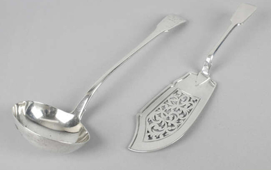 A late George III silver soup ladle, together with a slightly later Fiddle pattern fish slice. (2).