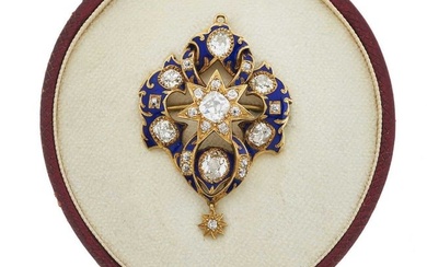A late Victorian gold, diamond and blue enamel pendant brooch
