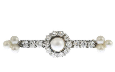 A late Victorian silver and gold old-cut diamond and cultured pearl bar brooch.