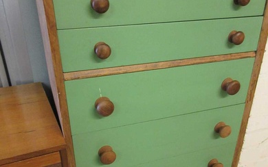A mid-20th century chest of six drawers having green painted...