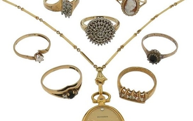 A mixed group of jewellery including seven gem-set...