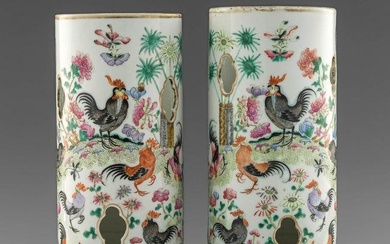 A pair of Chinese famille rose rooster hat stands, late 19th century