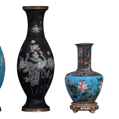 A pair of Japanese cloisonné enamel bronze vases, decorated with...