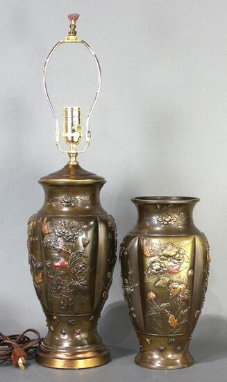 A pair of Japanese mixed metal bronze vases
