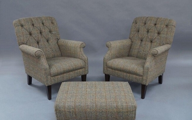 A pair of Tetrad Flynn armchairs and a matching ottoman, Bracken Herringbone, with Harris Tweed upholstery, retailed by John Lewis (3)