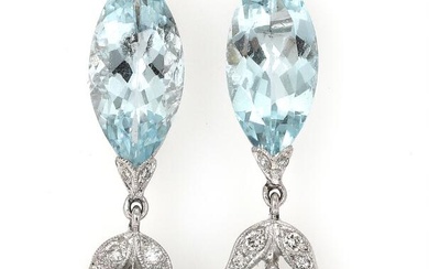 A pair of aquamarine and diamond ear pendants each set with a...