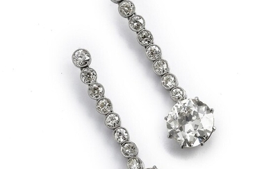 NOT SOLD. A pair of diamond ear pendants each set with an old-cut diamond weighing a total of app. 9.15 ct., mounted in platinum and 18k white gold. France, circa 1900. – Bruun Rasmussen Auctioneers of Fine Art