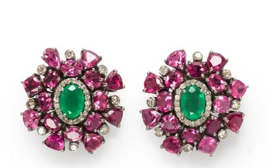 A pair of emerald, pink tourmaline and diamond earrings