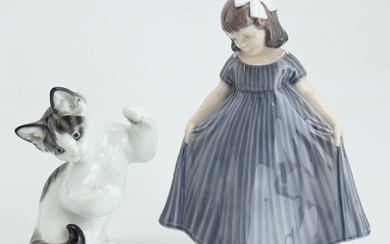 A pair of figurines, cat and dancing girl, Rosenthal and Royal Copenhagen, porcelain.