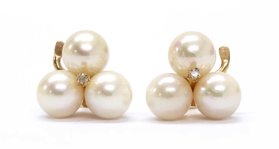 A pair of gold trefoil cultured pearl and diamond earrings