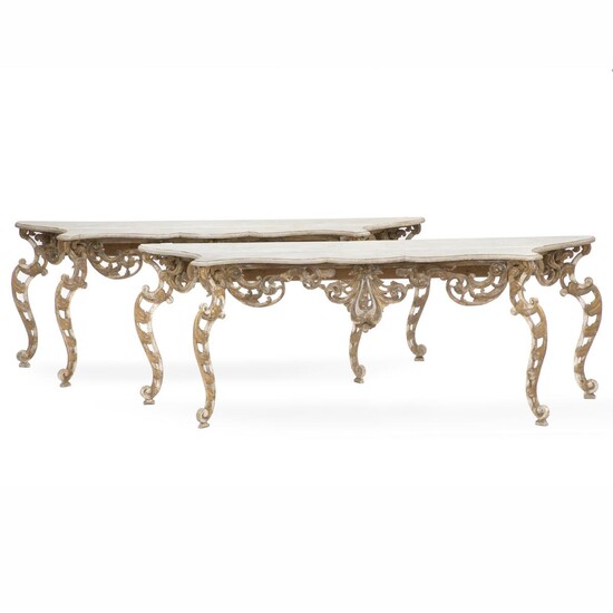 NOT SOLD. A pair of large Italian Rococo style console tables; painted and gilt wood. 20th century. H. 83 cm. W. 230 cm. D. 50 cm. (2). – Bruun Rasmussen Auctioneers of Fine Art
