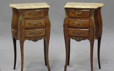A pair of late 20th century French kingwood and foliate inlaid bombé bedside chests with marble