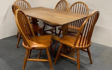 A pine kitchen table with chairs, 137 x 77 x 76cm.