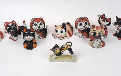 A quantity of Lorna Bailey pottery cats, 20th century and later, to include various designs of black and orange colour ways, tallest 14cm high (10)