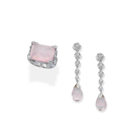 A rose quartz dress ring and earring suite, by carrera y carrera