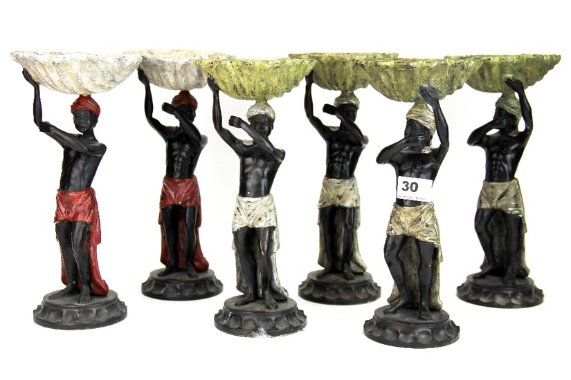 A set of six painted bronze figures of boys carrying shells, H. 27cm.