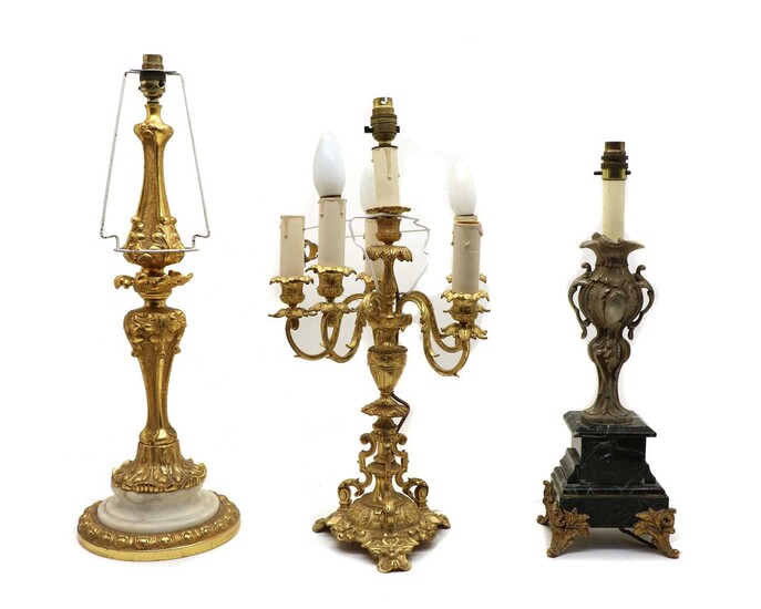 A six light gilt metal table lamp