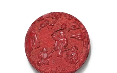 A small carved cinnabar lacquer box and cover, Ming dynasty, 16th century | 明十六世紀 剔紅嬰戲圖印盒 , A small carved cinnabar lacquer box and cover, Ming dynasty, 16th century | 明十六世紀 剔紅嬰戲圖印盒