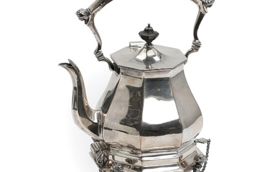 A sterling silver kettle and stand with bakelite handle and finial. Maker...